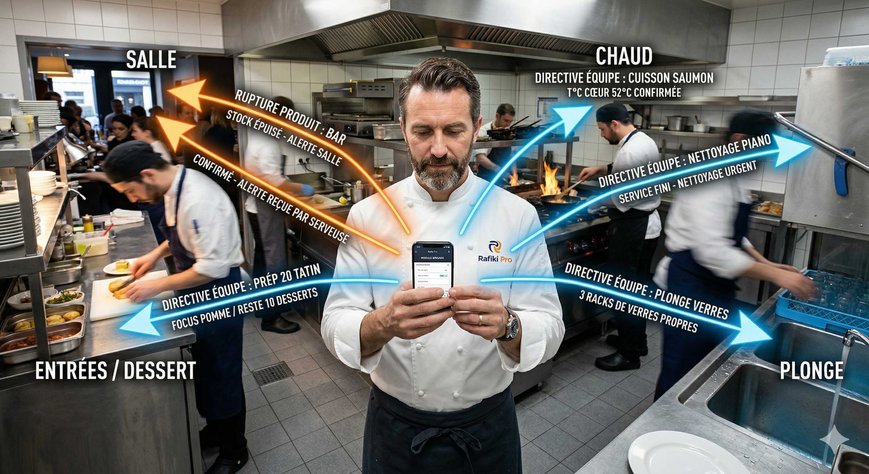Chef pilotant sa brigade avec les directives Rafiki Pro par poste