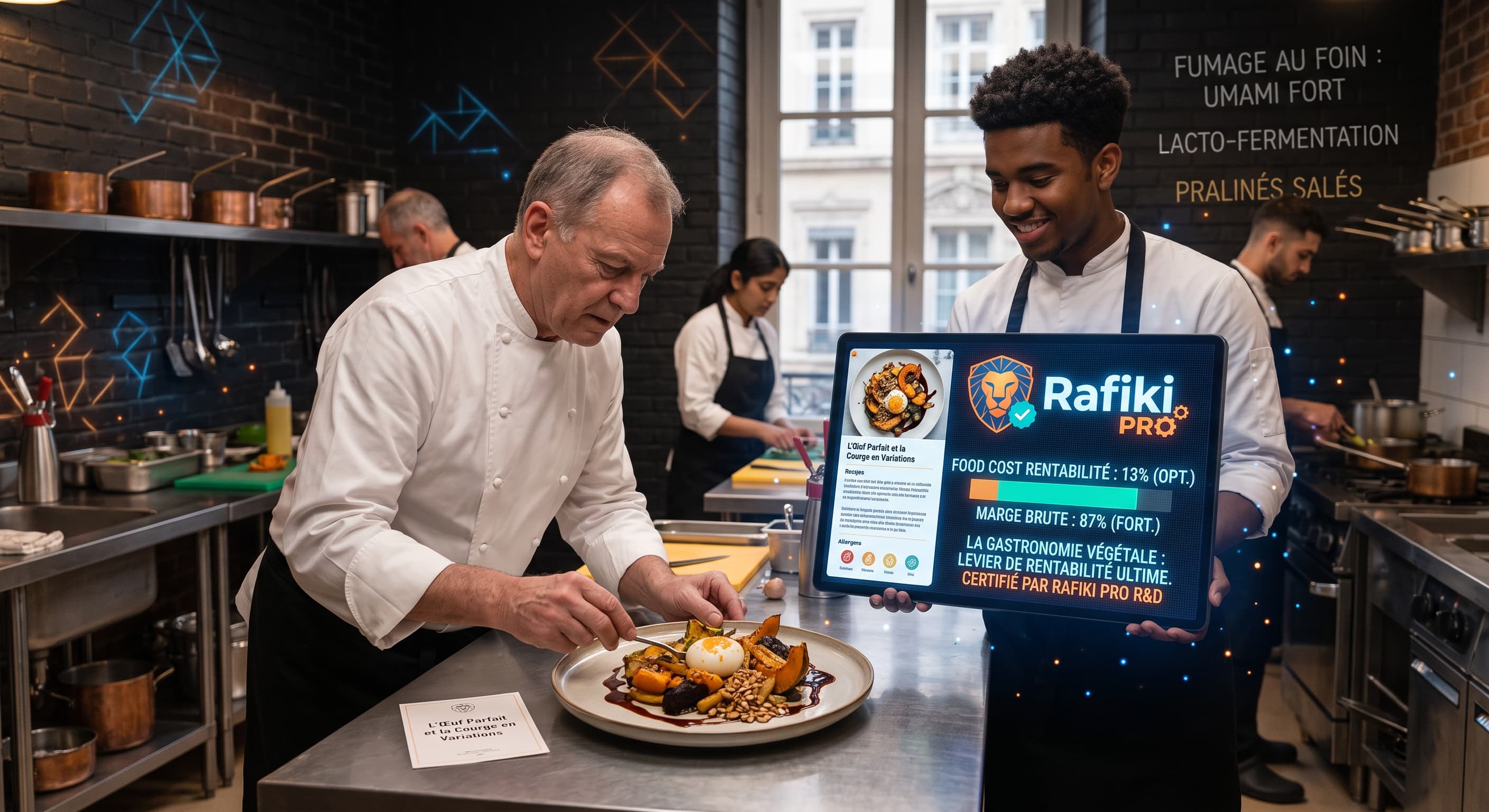 Chef présentant le tableau de bord Rafiki Pro sur tablette en cuisine